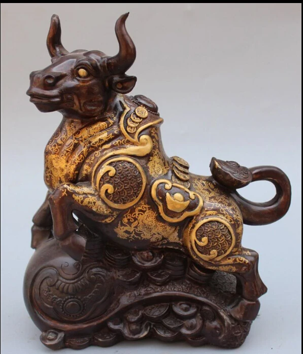 

free 13" Chinese Bronze Gilt Wealth Money Stronger Bull Unicorn OX Oxen Ruyi Statue fast