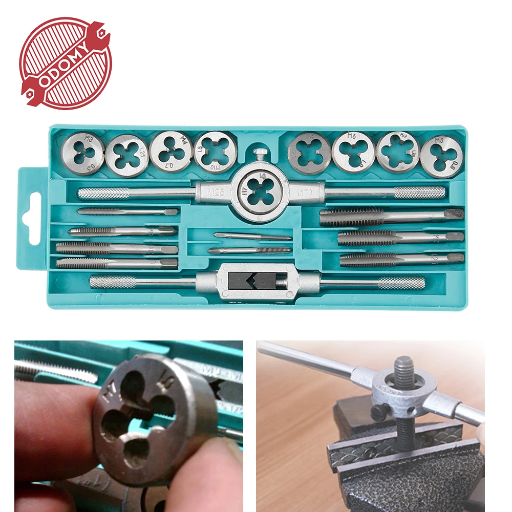 

Odomy 20PC Alloy Steel Tap & Die Set with Small Tap Twisted Hand Tools & 1/16-1/2 Inch NC Screw Thread Plugs Tap Hand Screw Tap