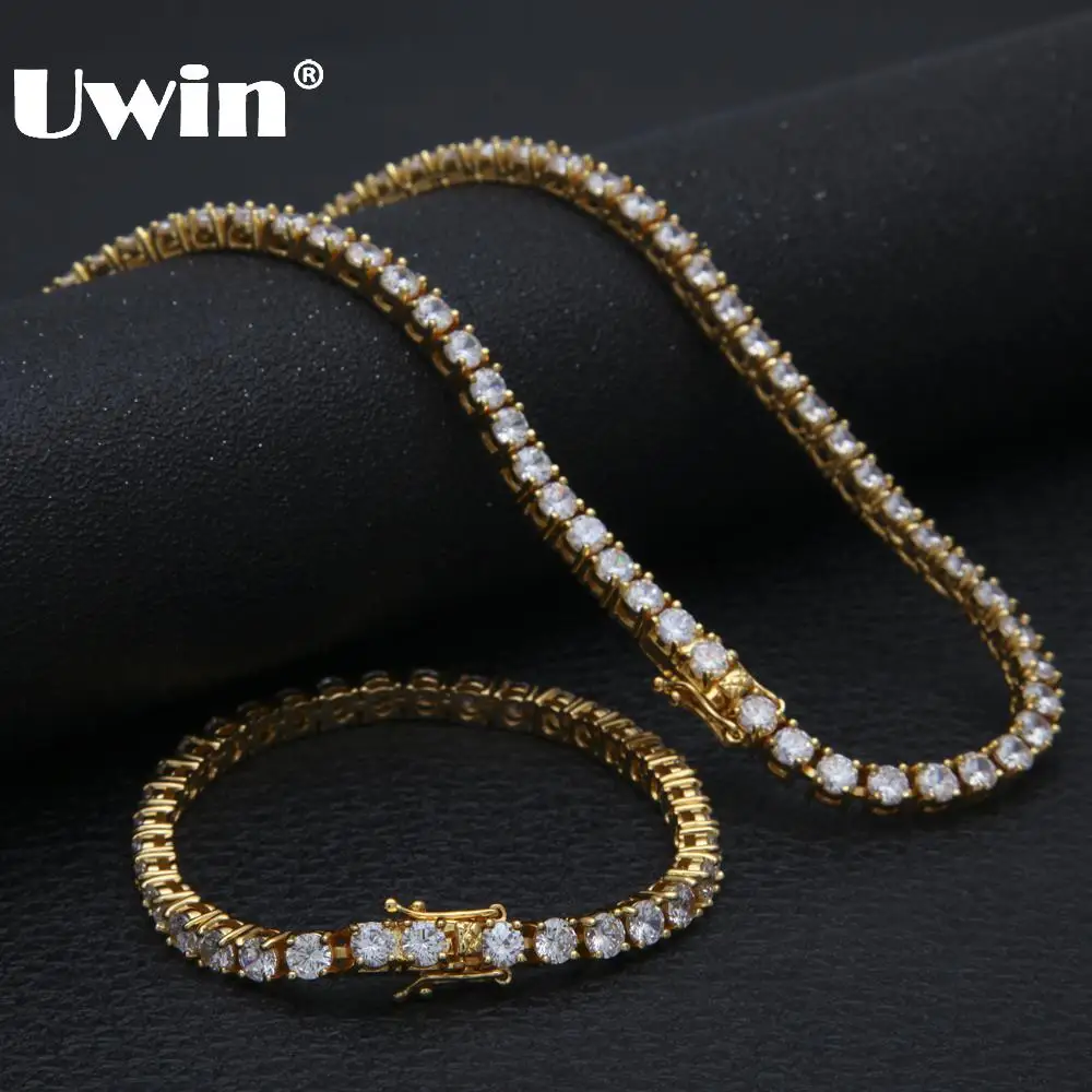 Buy Uwin 5mm Cubic Zirconia Jewelry Set Round Iced Out CZ Necklace Bracelet Fashion Crystal 1 Row Tennis Chains Sets Drop Shipping