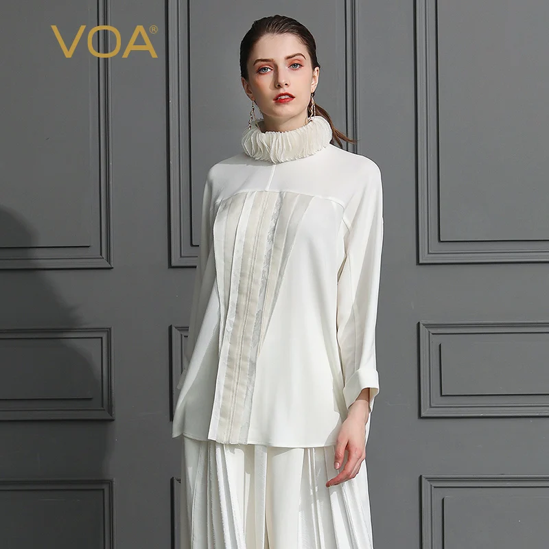 

VOA Heavy Silk White T Shirt Women Top Office Tee Summer Plus Size 5XL Long Sleeve Retro Basic Rococo Casual Sweet Cute B520