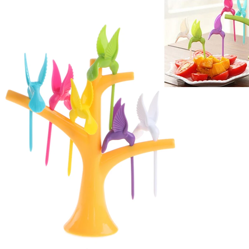 

1 Set Kitchen Gadget Bird Tree Fruit Fork 1 Stand+6 Forks Toothpick Fruit Salad Tool Cartoon Party Fork Tableware Dinnerware Set