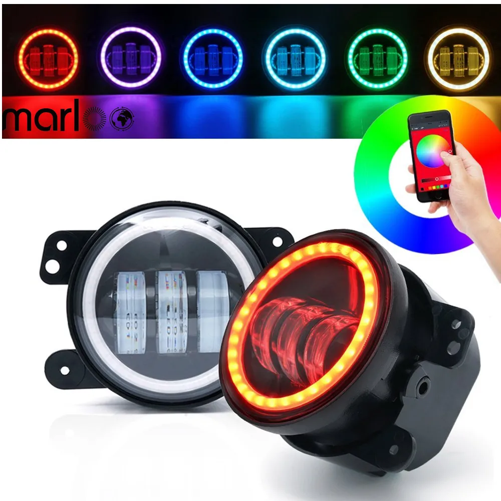 Marloo в горошек 4 дюйма RGB светодиодные противотуманные фары W/ Halo Кольцо DRL для Jeep