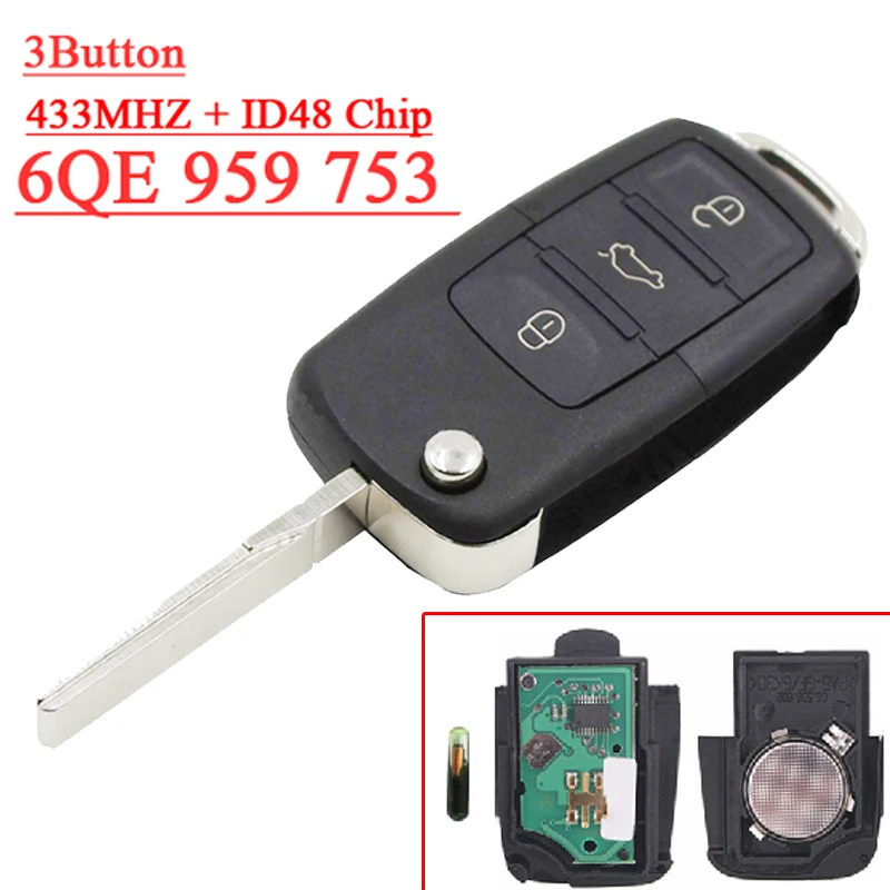 

(1 Pcs) 3 Button Remote Key with ID48 CHIP 6QE 959 753 For V-W 433MHZ