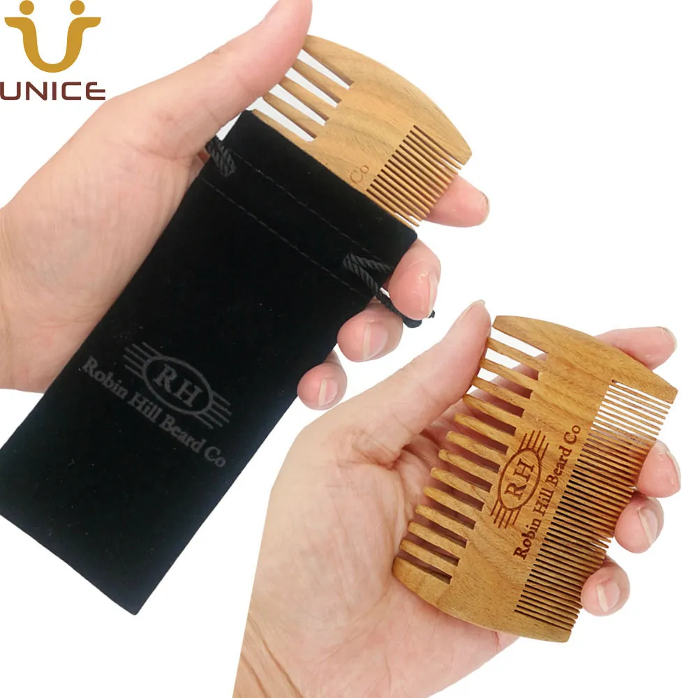 100 pcs/lot Natural Green Verawood Sandalwood Comb Men's Beard Comb with Velvet Pouch Customized LOGO Wooden Comb for Men