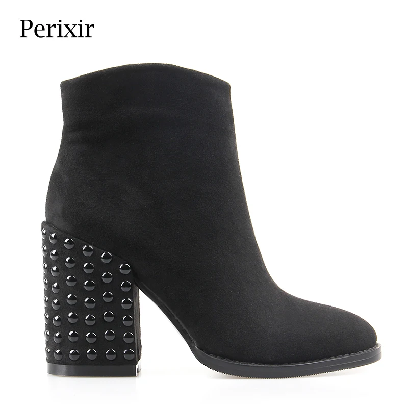 

Perixir Women Flock Ankle Boots Winter Solid Short Plush Pointed Toe Crystal Sauqre High Heel 10 cm Ankle Boots Shoes for Women
