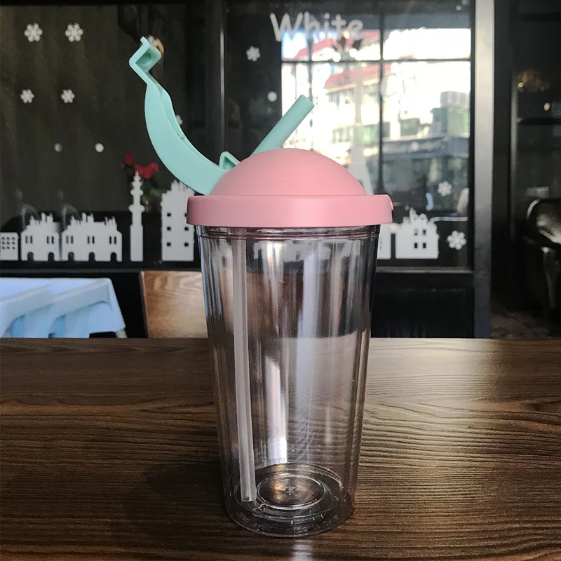 Креативная пластиковая бутылка для воды с соломинкой, двойная чашка для питья сока, портативная кружка для кофе, молока, подарок для друга, ребенка, посуда для напитков - Цвет: Pink 500ml