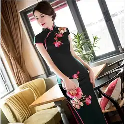2018 современный китайское традиционное платье черный Выпускные платья шелк Qipao сексуальная Cheongsam Вышивка Oriental вечернее платье Vestido QL