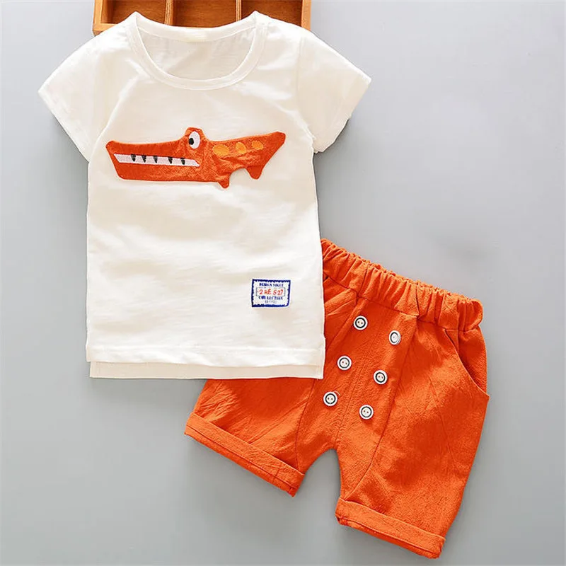 Летние комплекты одежды для маленьких мальчиков с героями мультфильмов Модный хлопковый костюм для детей комплект из 2 предметов для маленьких мальчиков, футболка и штаны, комплект для детей - Цвет: Orange
