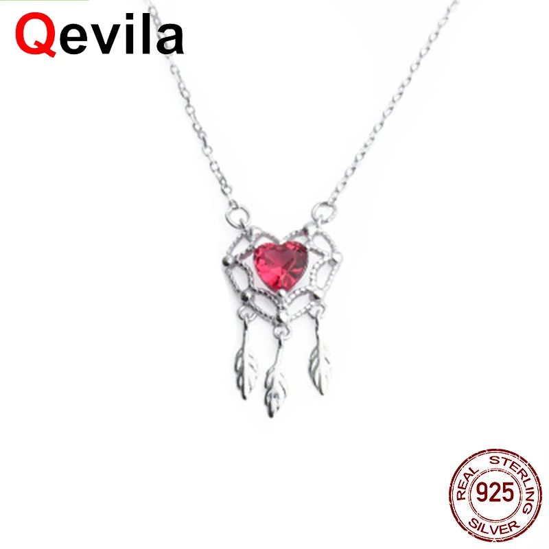 

Qevila 2019 New Fashion Necklaces Real 925 Sterling Silver Necklaces Rose heart Feathered Charm Pendants Jewelry for Women Gifts