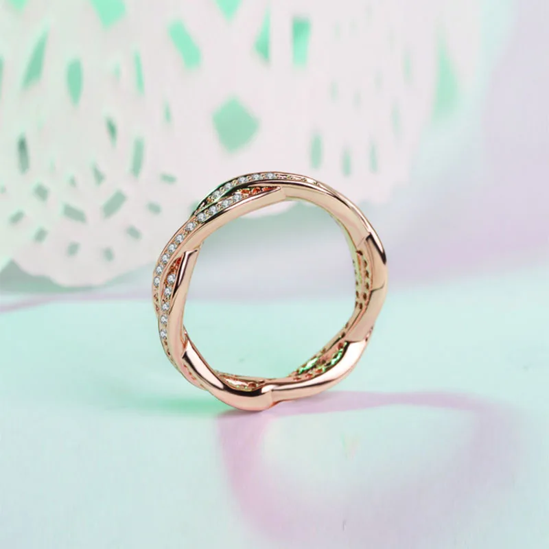 Модное плетеное микро покрытое 18 К кольцо из розового золота с прозрачным фианитом, аутентичное скрученное кольцо, ювелирное изделие