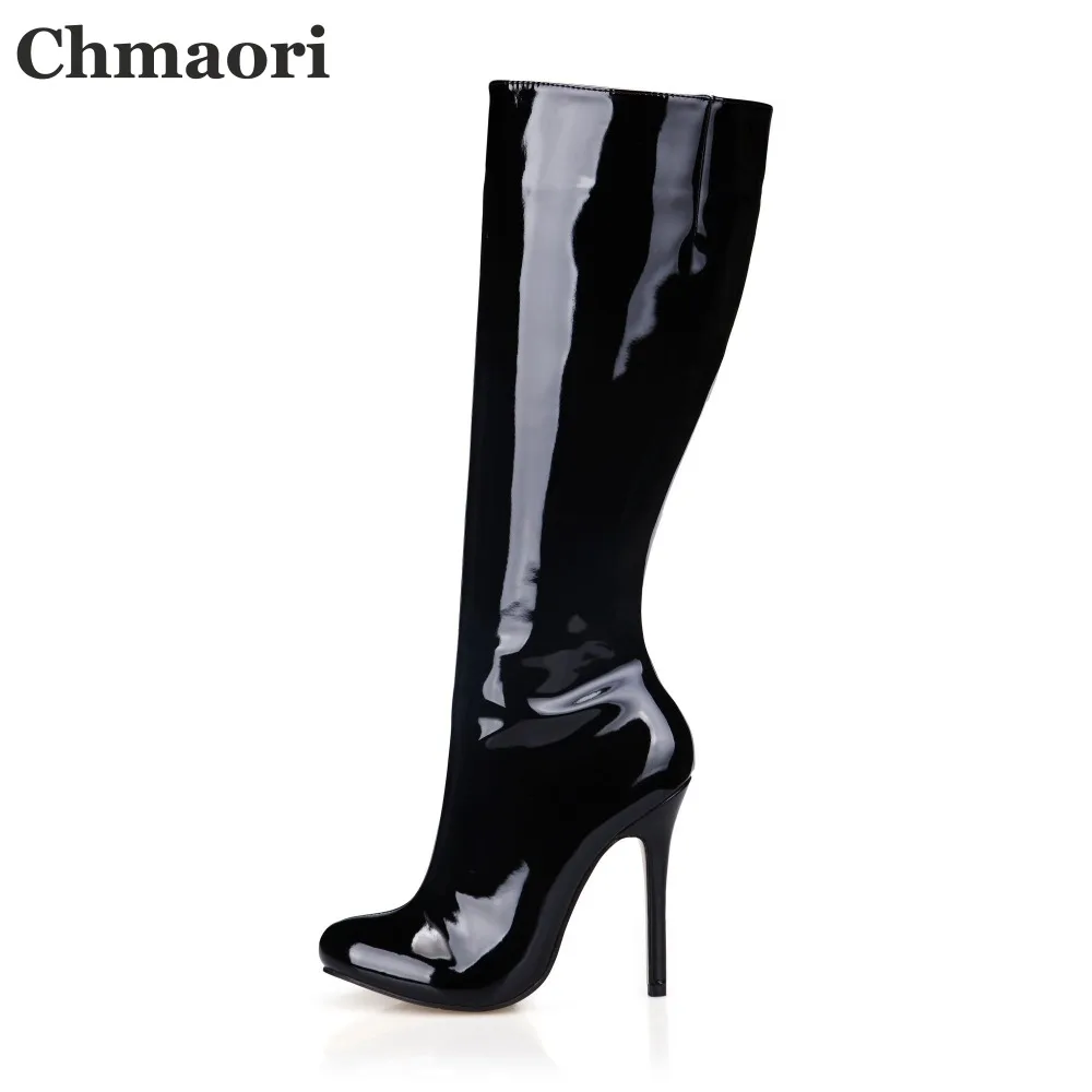 

Black Patent Leather Women Platform Knee High Boots Sexy Pointy Toe Ladies Knight Boots New Fashion High Heel Boots Size 43