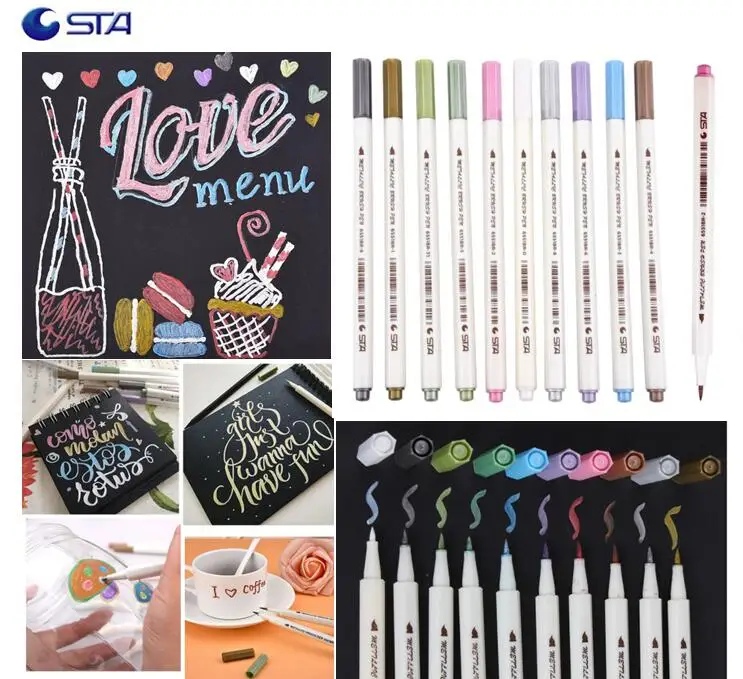 STA High Quality 10 Colors Metallic Brush Art Marker Pen Soft Hard Tip