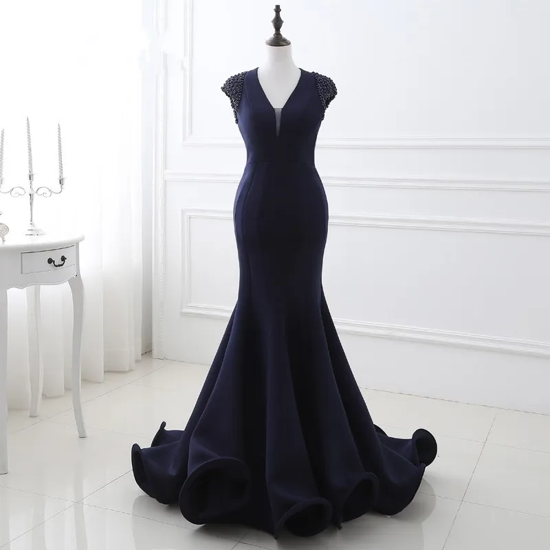 New Arrival V-Neck Cheap Long Evening Dresses Mermaid Evening Dresses Pregnant Short Sleeve Satin Formal Dresses Ever Pretty Dresses