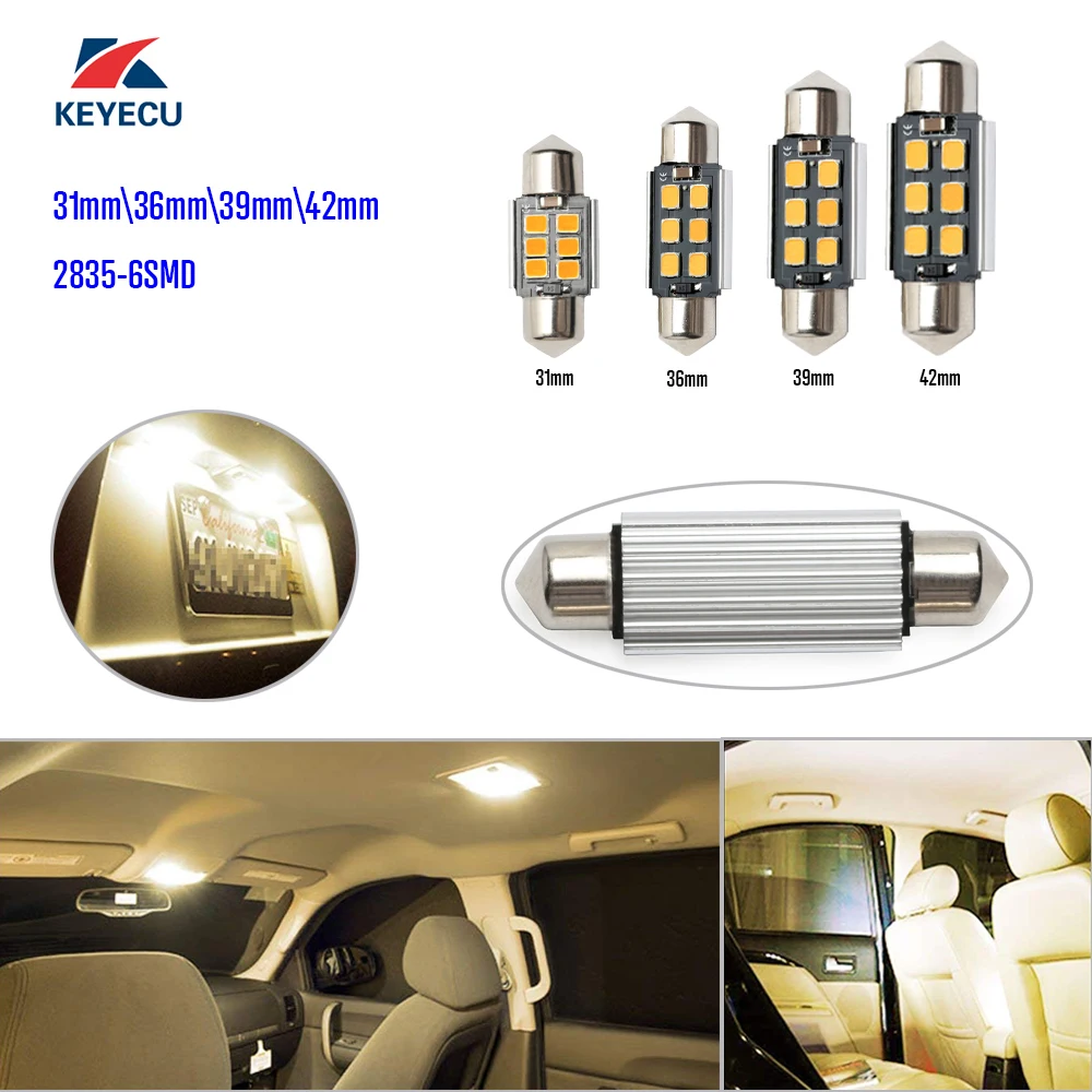 

keyecu Festoon 31-42mm Warm White Extremely Bright 400Lums Non-Polarity Canbus 2835 6SMD LED Bulbs 10-30V for Interior Car Light