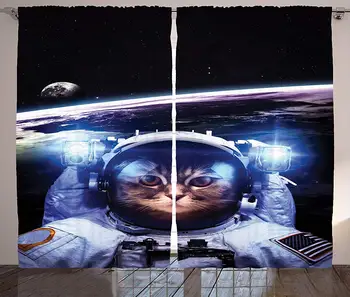 

Cat Curtains Decor Funny Astronaut Cat Above Earth in Outer Space Explorer Kitty Mission Humor Image Living Room Bedroom Window