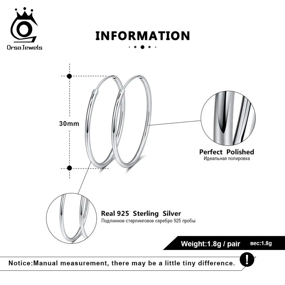 ORSA JEWELS Solid 925 Sterling Silver Round Hoop Earrings For Women 30 40 50 MM Female Circle Earrings Fashion Jewelry SE146 - Image 4