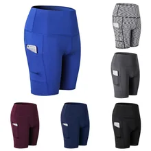 Популярные женские шорты с высокой талией для йоги с косыми карманами для бега спортивные быстросохнущие обтягивающие тянущиеся для фитнеса