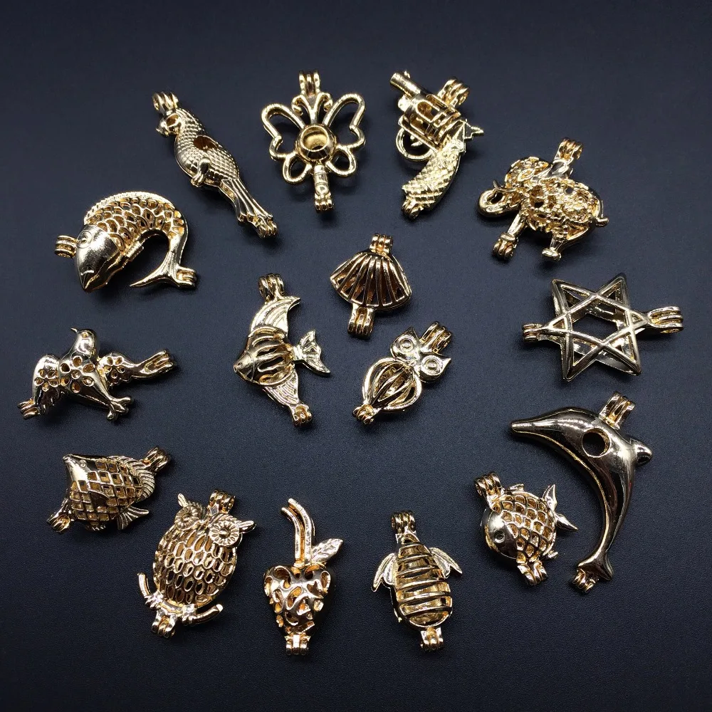 16pcs Gold Color Mix Shape Design Jewelry Making Supplies Alloy Beads Cage Pendant Essential Oil Diffuser