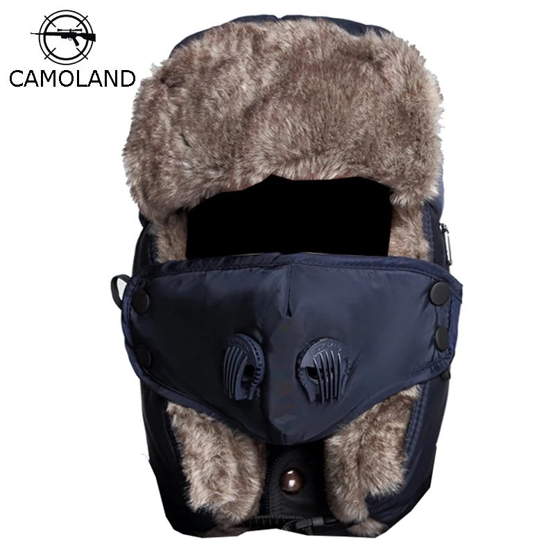 الشتاء الدافئة Earflap منفذها القبعات قبعات للرجال النساء الروسية الحرارية الصياد قبعة جندي على الجليد التزلج مع Fack قناع يندبروف