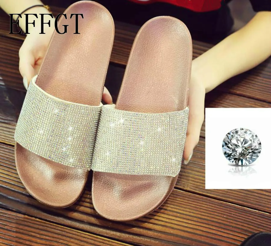 

EFFGT Womens Flat Slides Sandals Fashion Sparkly Sliders Colorful Diamond Shoes Women Flat with Basic Sandals Slippers C148