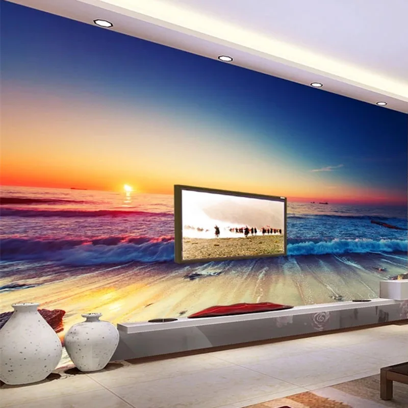 

Custom 3D Print DIY Fabric Textile Wallcoverings For Walls Matt Silk For Living Room Beach Scenery Sunset Surf TV Background Top