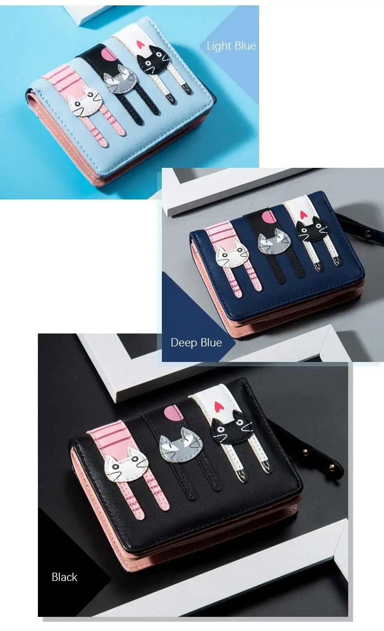 cute female wallets girls purses cat coin purse pu leather short wallet (3)