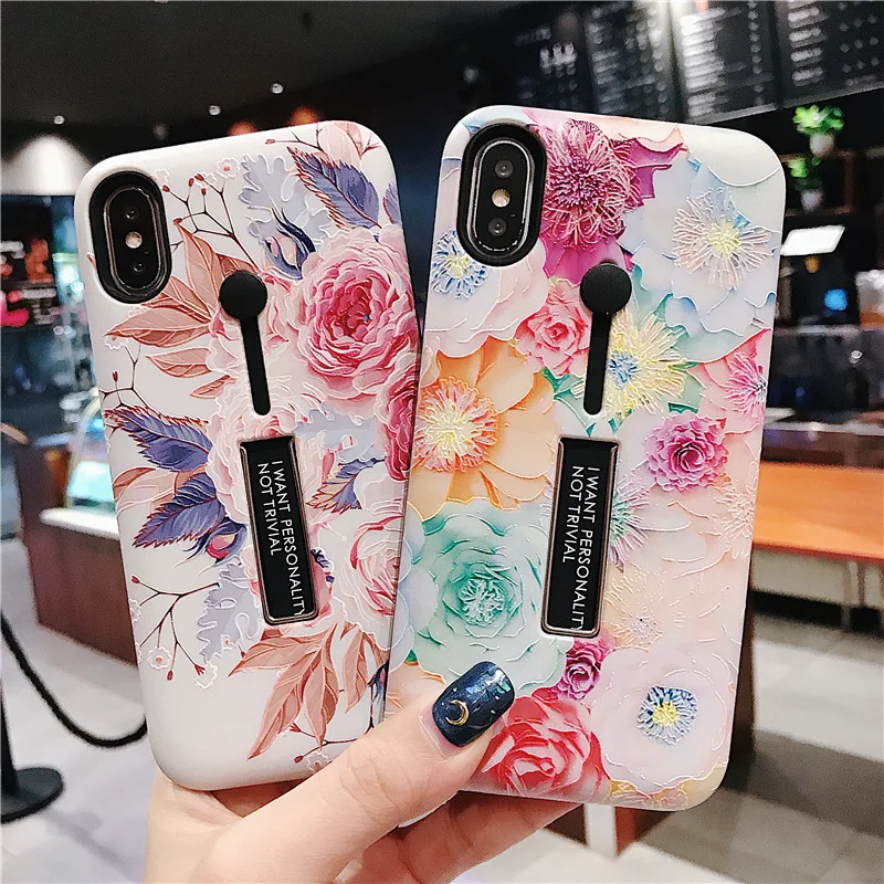 

Hide Ring Holder Stand Retro Classical Flowers Phone Case For Apple iphone 6 6S 7 8 Plus X XR XS Max Cover Cases Protectors