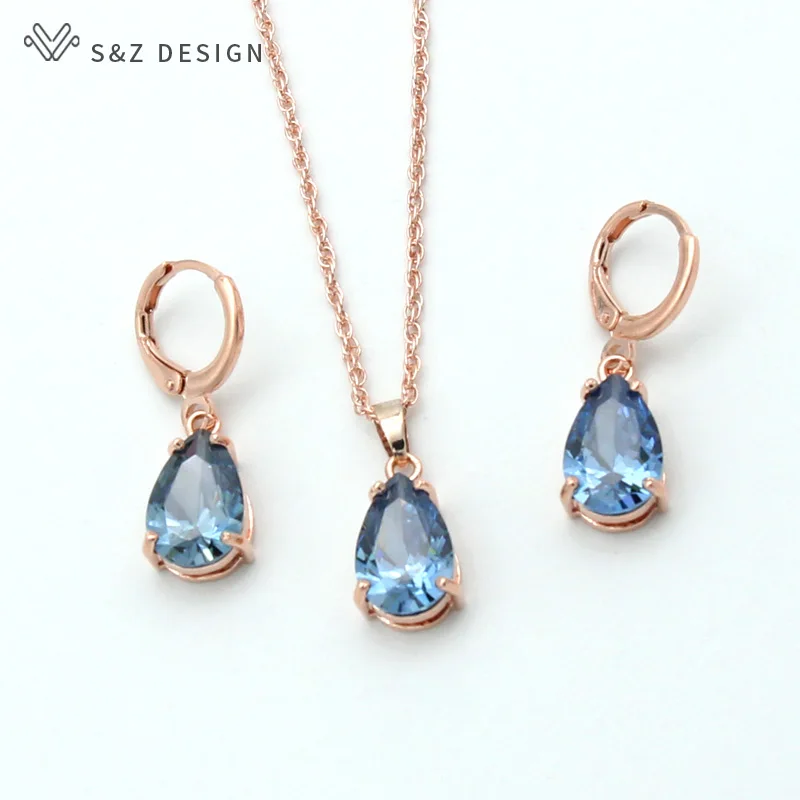 S&Z DESIGN New Fashion Water Drop Cubic Zirconia 585 Rose Gold Color Dangle Earrings Jewelry Set For Women Wedding Party Gift