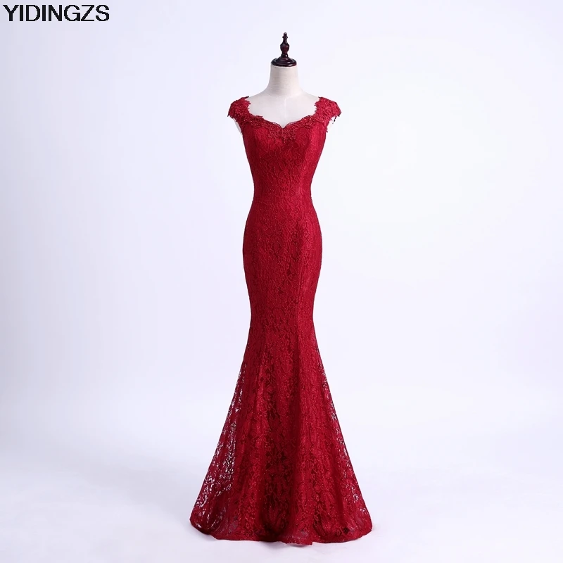 YIDINGZS Elegant Beads Lace Mermaid Long Evening Dress 2017 Slim Red Prom Dresses Robe De Soiree