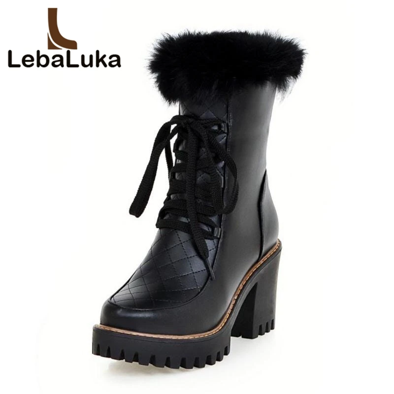 

Tuyoki Women's Winter Boots Cross Strap Platform Fur Women Shoes Fashion High Heel Boots Warm Ladies Mid Calf Boots Size 33-43