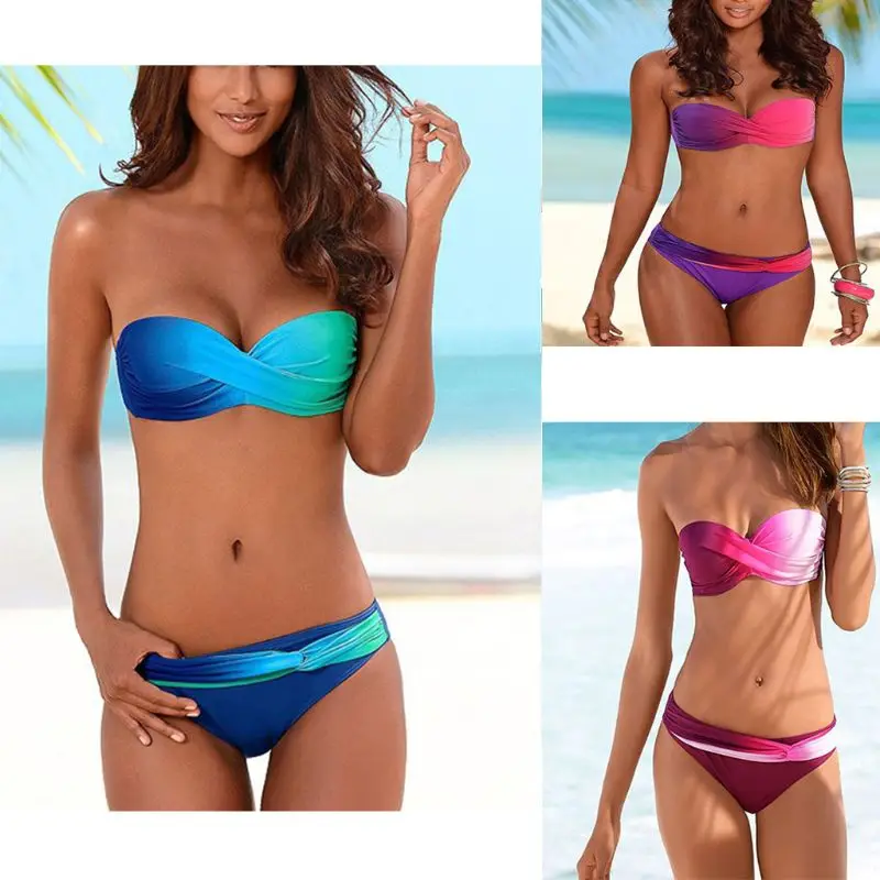 

Women Sexy Two Piece Bikini Set Gradient Rainbow Colored Twist Front Underwire Bandeau Low Waist Banded Thong Swimsuit Bathing S