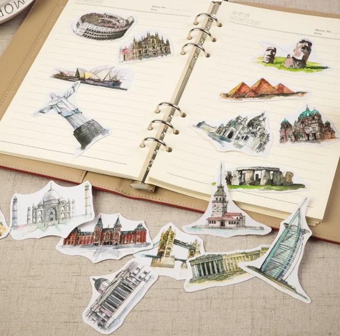 

42pcs Hand-painted Scrapbook Travel Notes Sulphuric Paper Translucent Stickers World Tower Scenic Buildings Parchment Stickers