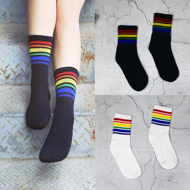 1 пара лодыжки носки для девочек черный, белый цвет унисекс дышащие для мужчин Harajuku женщин радужные носки повседневное чулочно носочно