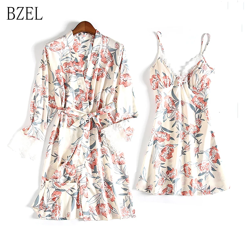 

BZEL New Satin Bathrobe Women 2 Pcs Robe & Gown Sets V-neck Floral Printed Robe+Sundress Summer Homewear Robe Female Pajamas Set