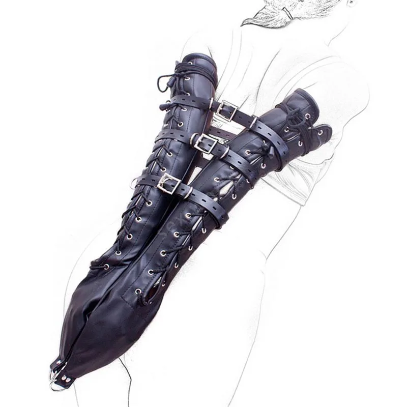 Unisex Pu Leather Arm Binder Bondage Harness Glove Sleeves Lockable