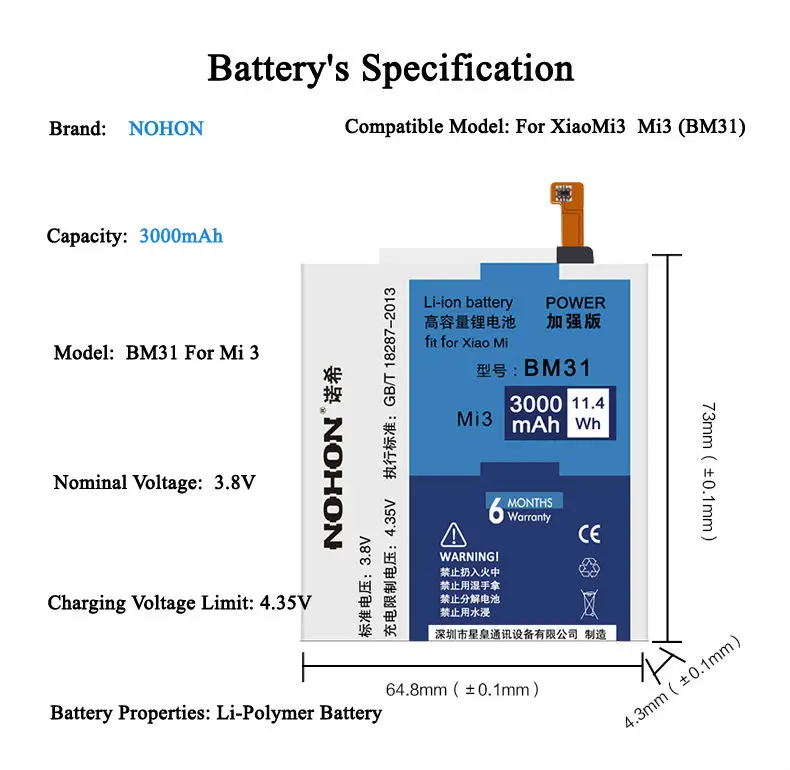 NOHON Battery For XiaoMi Mi3 Details (00)
