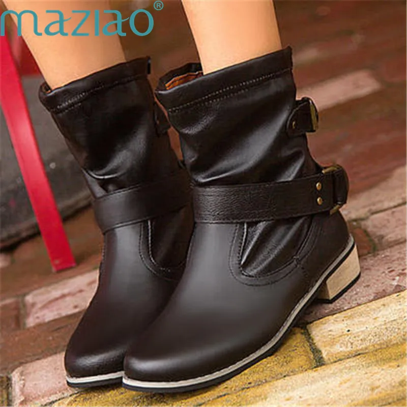 

Ankle Boots For Women Square Heel Round Head Belt Buckle Vintage Boots Snow Boots Women MAZIAO
