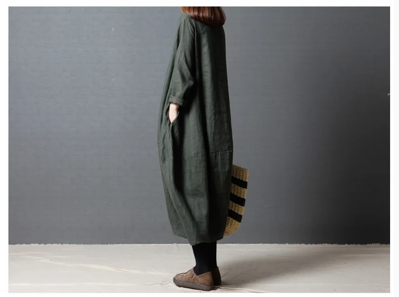 5007 Cotton Linen Dress Fabric Women Autumn Dress 2018 Plus Size Long Sleeve Oversize Casual Black Maternity Linen Dress Maxi Vintage 6