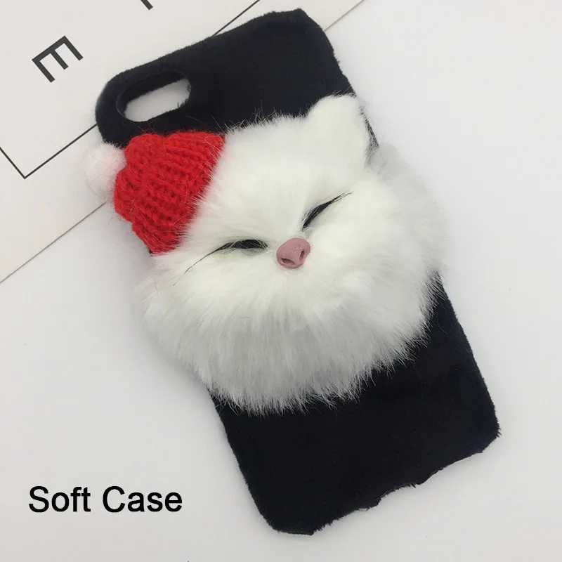 Милый Кот пушистый меховой чехол для телефона для iPhone XS MAX XR X силиконовый Жесткий чехол из ПК прекрасное покрытие для iPhone 8 Plus 7 6s 6 Plus Рождественский чехол - Цвет: Black Hat Cat Soft