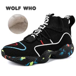WOLF WHO/брендовые новые мужские кроссовки с высоким берцем, мужские эластичные теплые зимние прогулочные повседневные туфли, классические