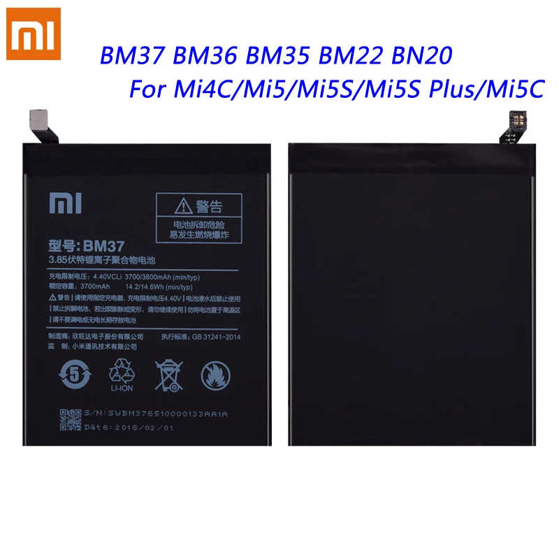 

Original BM37 BM36 BM35 BM22 BN20 Battery For Xiaomi Mi5S Mi4C Mi5C Mi 4C 5 5C 5S Plus Replacement Phone Bateria + Free Tools