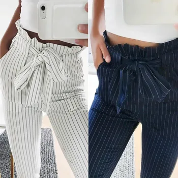 

Fashion Summer Women Casual Pants Striped OL High Waist Elastic Bow Tie Drawstring Pockets Ladies Pencil Trousers FS99