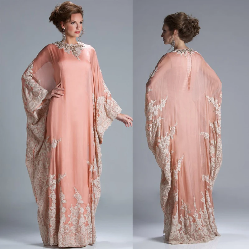 

Abaya Muslim Moroccan Dubai Kaftan Dress Arabic Evening Dresses 2015 Long Sleeve Appliques Peach Mother Of The Groom Dress ZED90