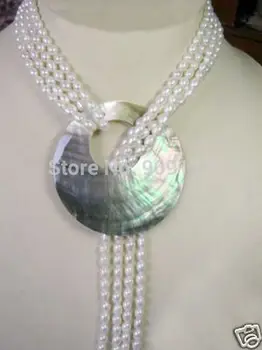 

Free Shipping>>NEW-2 row Cultured White Pearl Necklace Shell Pendant 50"