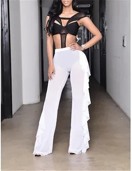 

New Women Bathing Mesh See Through Ruffles High Waist Summer Hot Loose Swimwear Long Wide Leg Pant Trousers Beachwear Capris