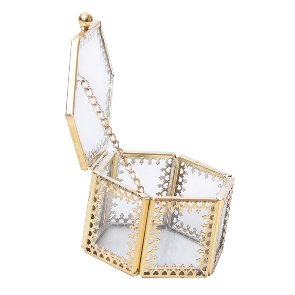 Transparent Mini Glass Hexagonal Shape Heart Jewelry Earring Ring Showcase Holder Box Wedding Party