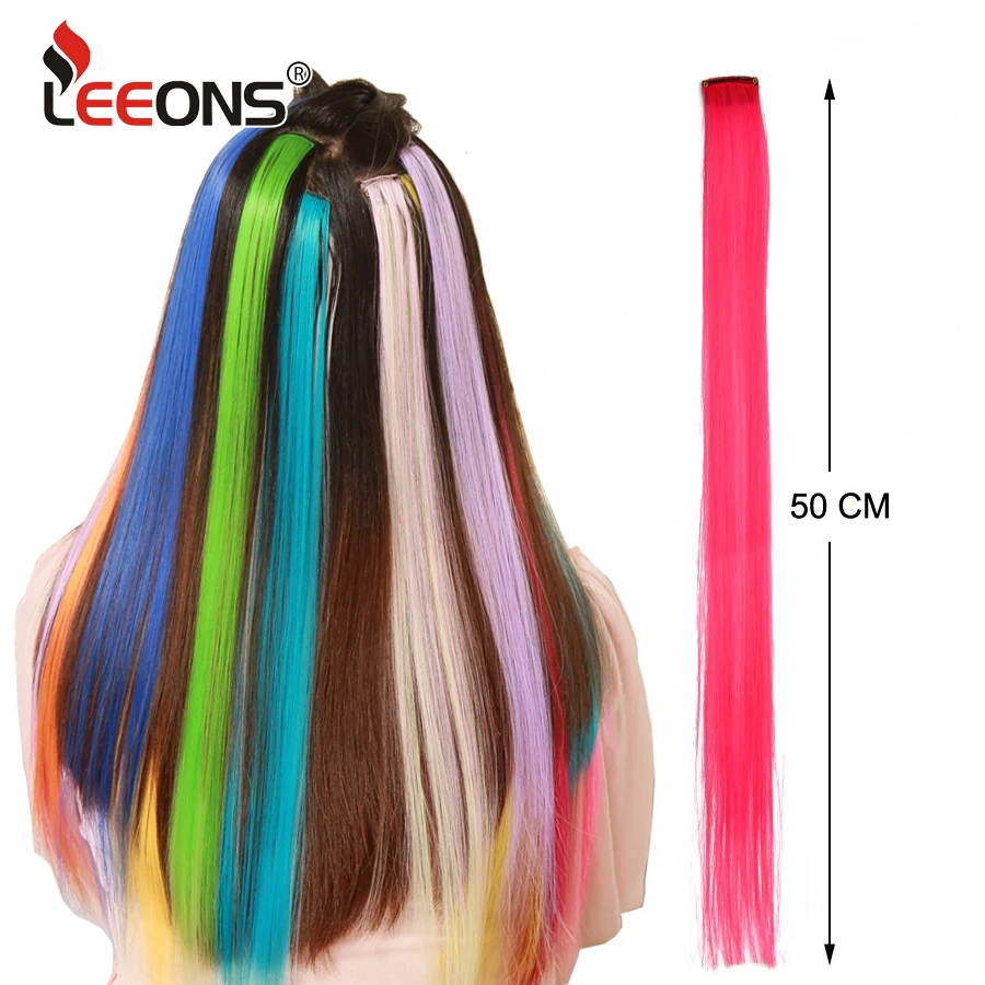 Leeons Colored Highlight Synthetic Hair Extensions Clip In One Piece Long Straight Hairpiece For Women Blue Brown 2 Tone Hair