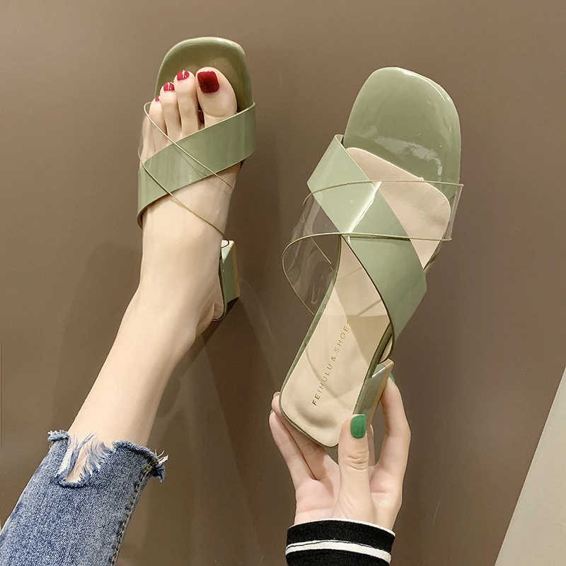

New Summer Transparent Women Slippers Cross Tie Square Mid Heels Ladies Slippers Female Party Shoes Open Toe Shoes For Women