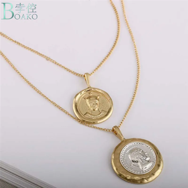

BOAKO Retro Gold Color Portrait Coin Necklace Pendant Minimalist Coin Disc Layering Choker Necklaces For Women Vintage Accessory