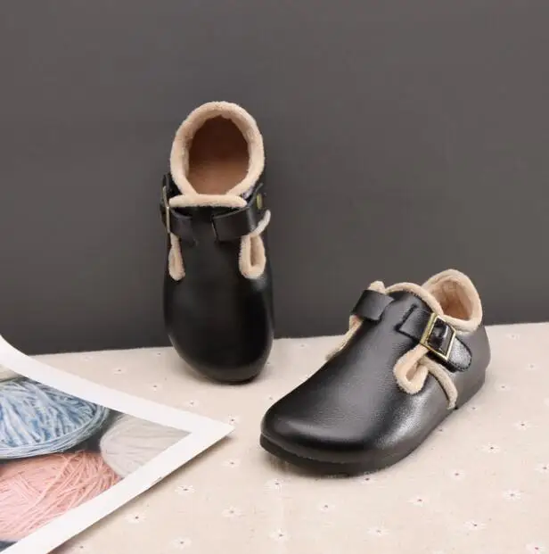Детская осенне-Весенняя кожаная обувь; тонкие туфли принцессы из натуральной кожи; повседневная обувь на мягкой подошве - Цвет: black with velvet